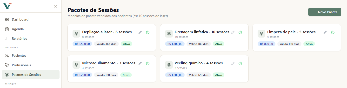 Pacotes de sessões cadastrados, com número de sessões, valor e validade de cada pacote