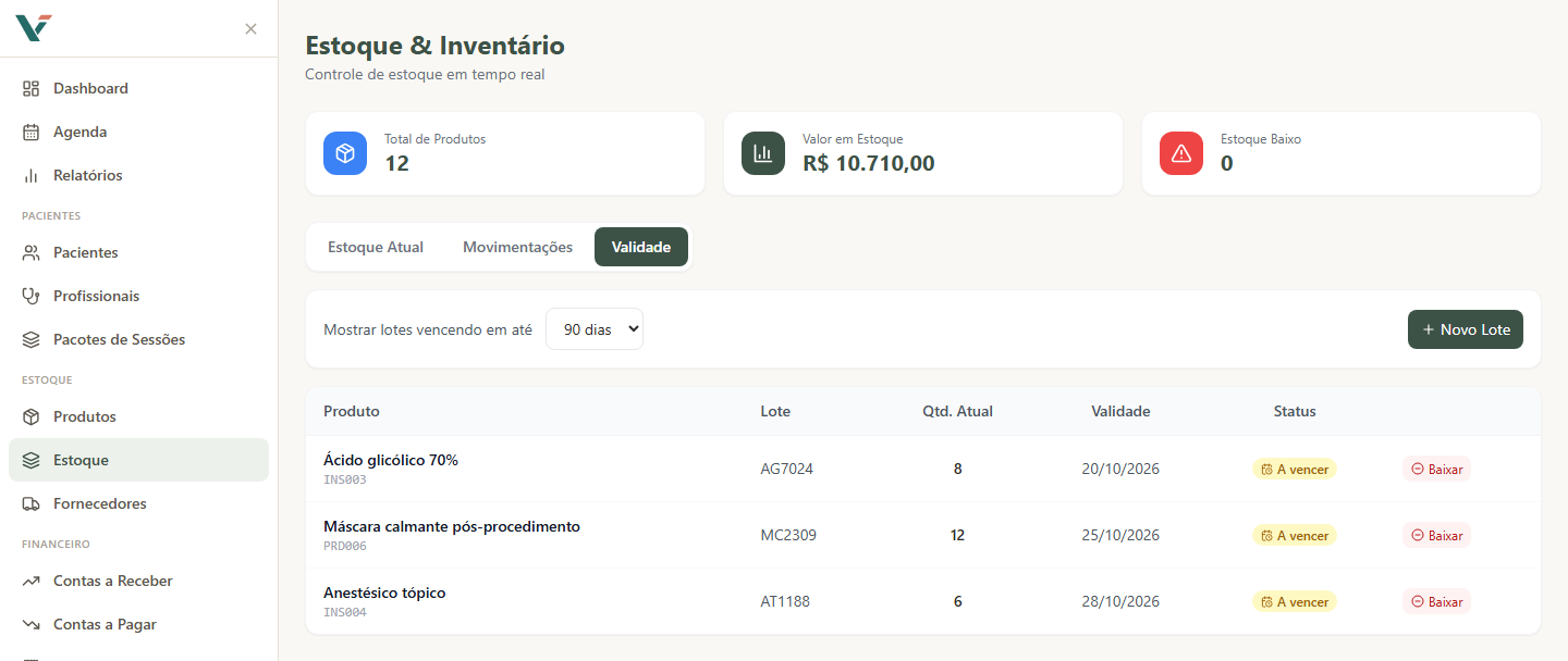 Estoque com lotes a vencer: produto, lote, quantidade atual e data de validade